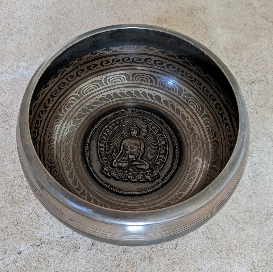Cast Metal Bowl Buddha Design Large 16cm Diameter