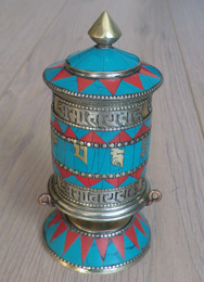 Buddhist Tibetan Prayer Wheel  14cm High Metal with Painted Decoration Design No 58