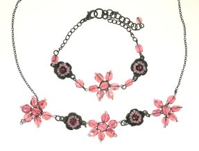 Fair Trade Black Metal and Pink Flowers Necklace Tar 1129